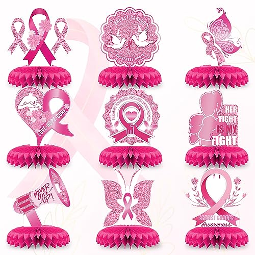 9 PCS Breast Cancer Awareness Honeycomb Table Centerpiece for Home Party, Fight Cancer Theme Pink Ribbon Breast Cancer Table Topper Centerpiece Decorations for Table Decor Charity Party Supplies