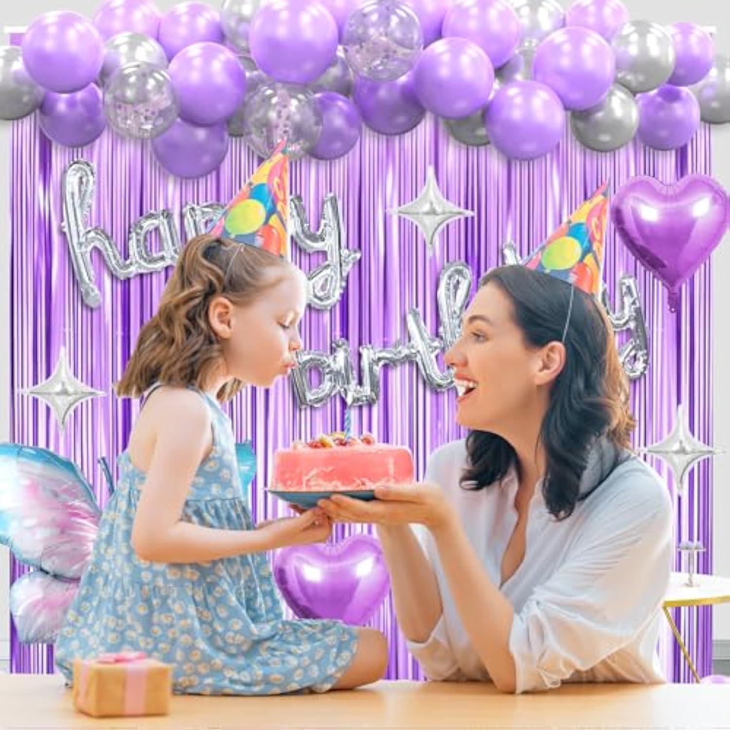 Purple Birthday Party Decorations For Girls Women, Lavender Purple And Sliver Butterfly Party Decor Set Including Happy Birthday Banner, Balloons Arch Kit ,Fringe Curtain Background