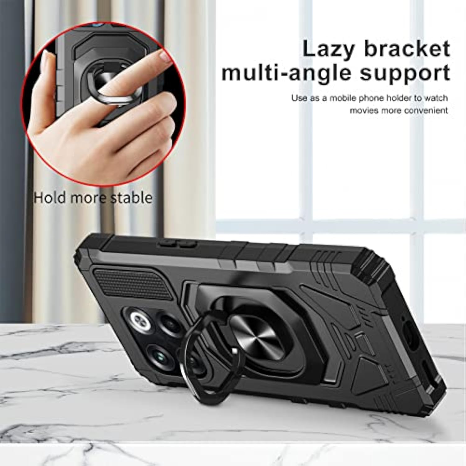 Case For Oneplus 10T 5G With Tempered Glass Screen Protector, Ring Kickstand For Magnetic Car Mount, Heavy Duty Shockproof Protective Hard Phone Cover - Black