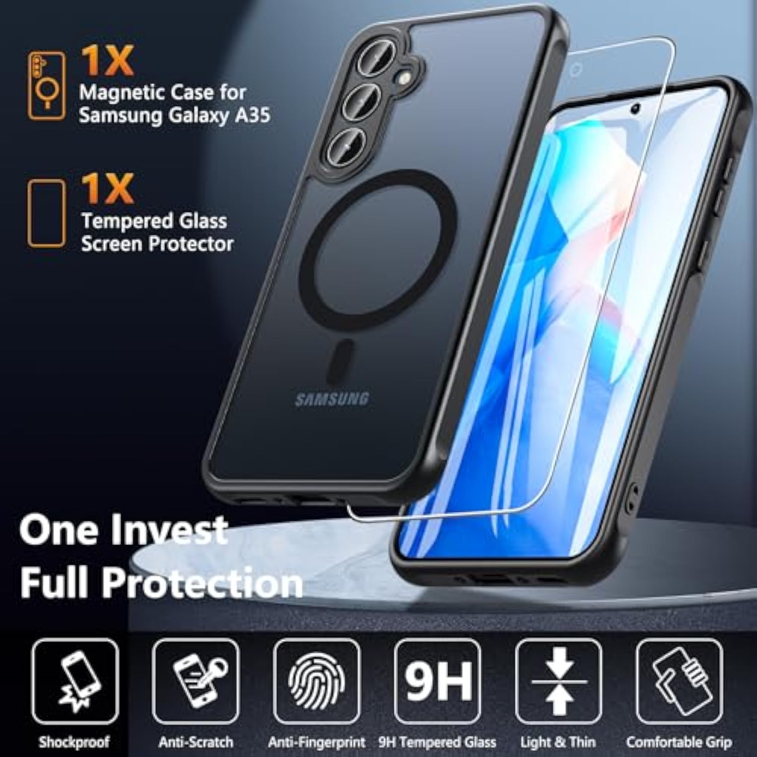 Magnetic Case for Samsung Galaxy A35 5G with Glass Protector, MagSafe, Black