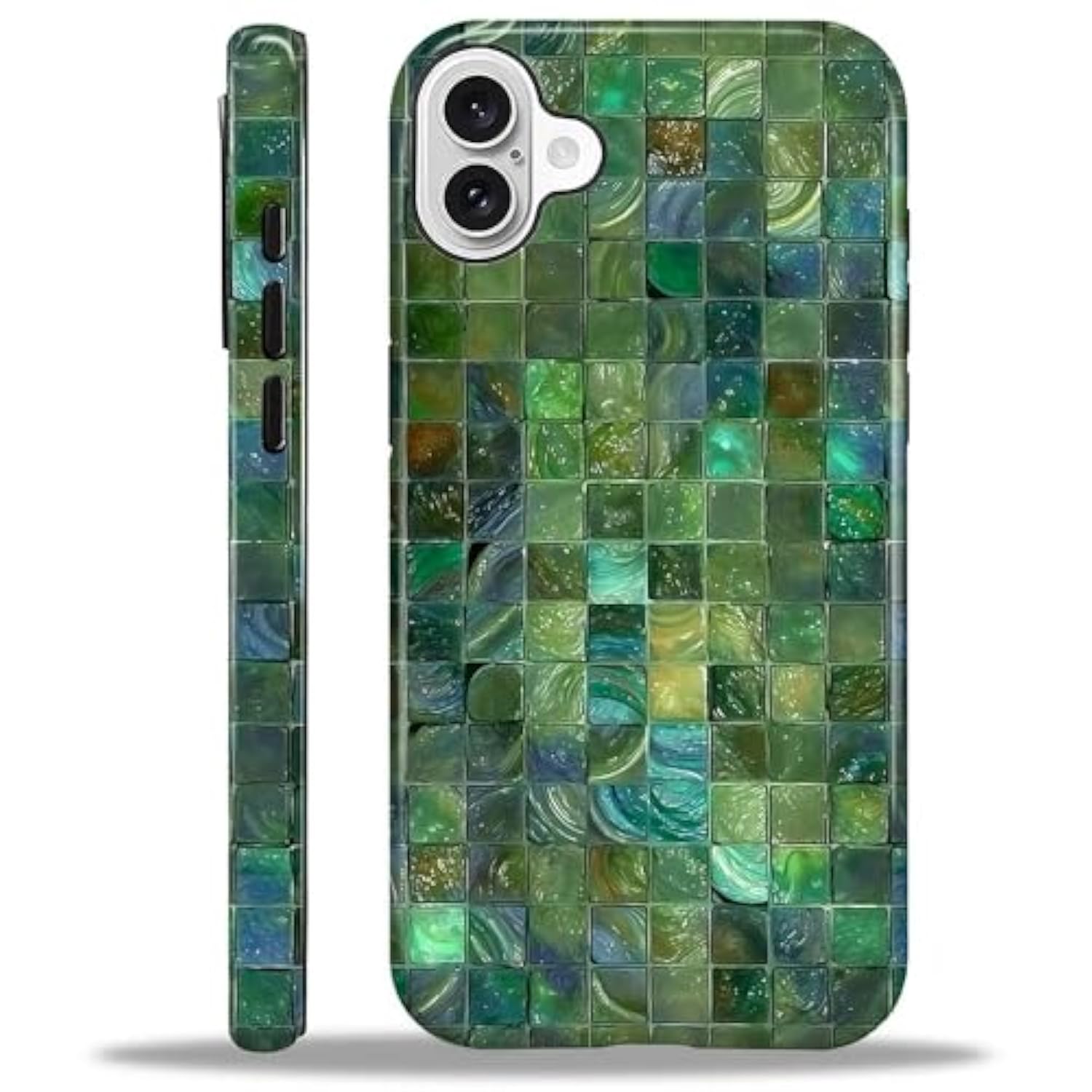 Case For Iphone 16 Case,Green Toned Glass Mosaic Patten Design - Hybrid Dual Protection Silicone + Hard Pc Shockproof Full Body Cover Slim Anti-Scratch Protective Case For Men Women