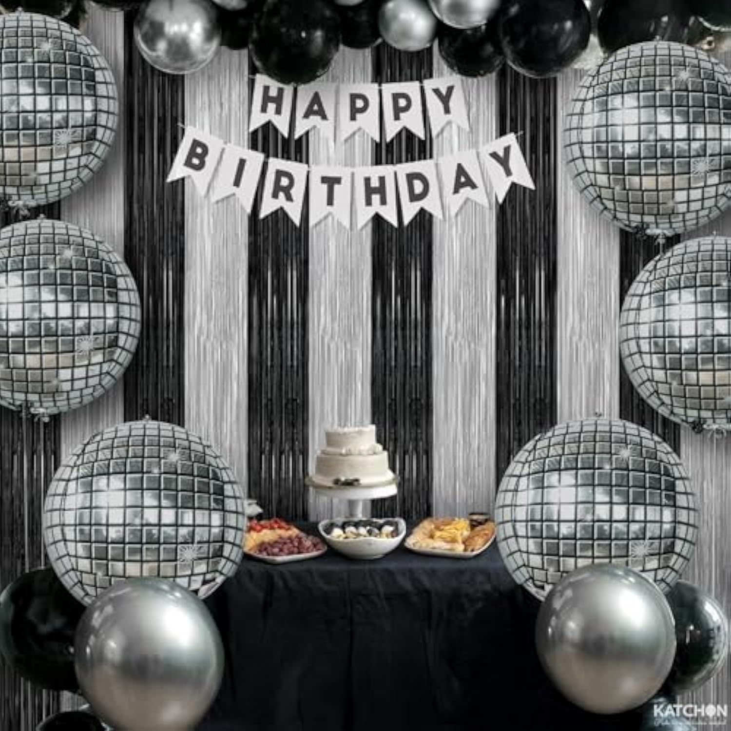 8pcs Disco New Year Party Set 4D Balloons Black Silver Fringe Backdrop