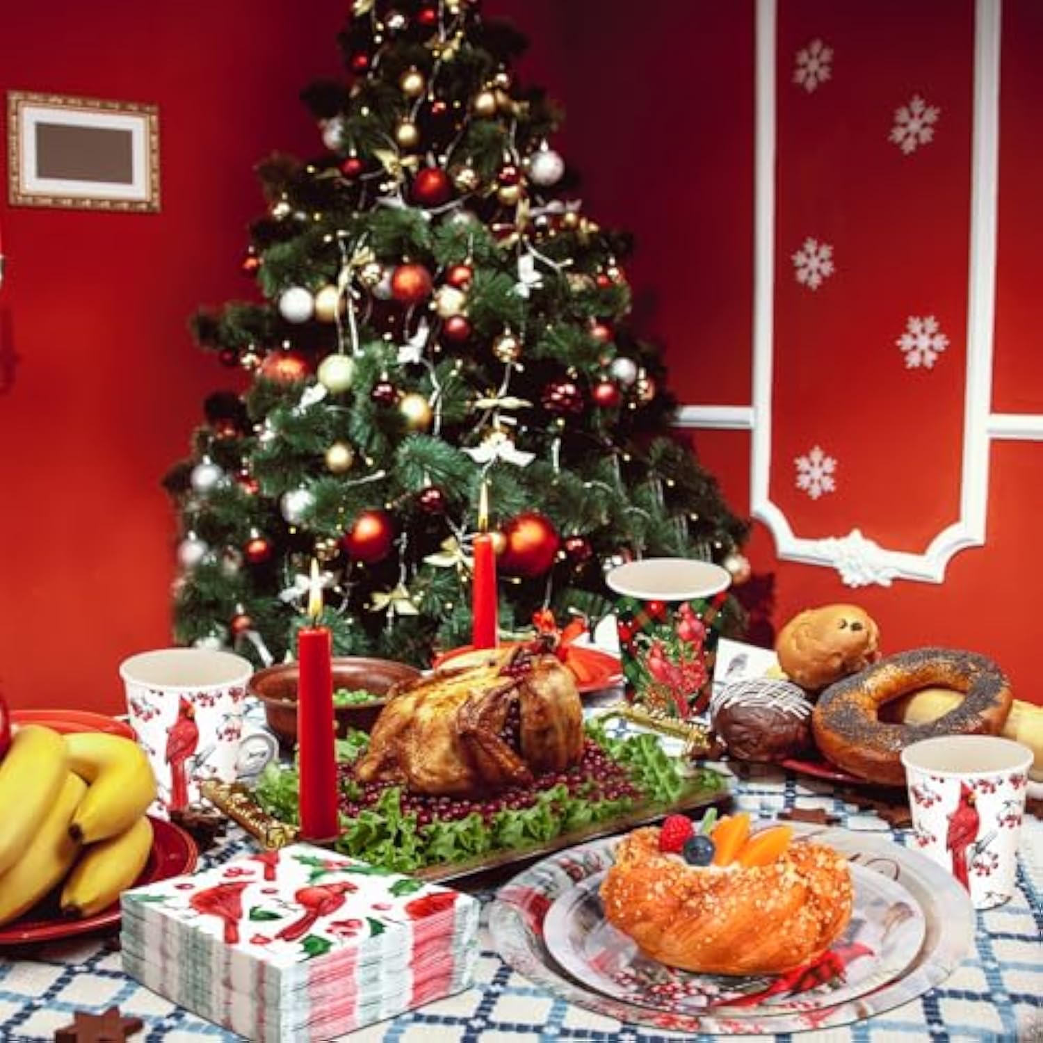 350 Pieces Christmas Disposable Dinnerware Set, Serves 50, Merry Christmas Paper Plates Red Cardinal Napkins Cups Cutlery For Christmas Holiday Dinner Party Decorations