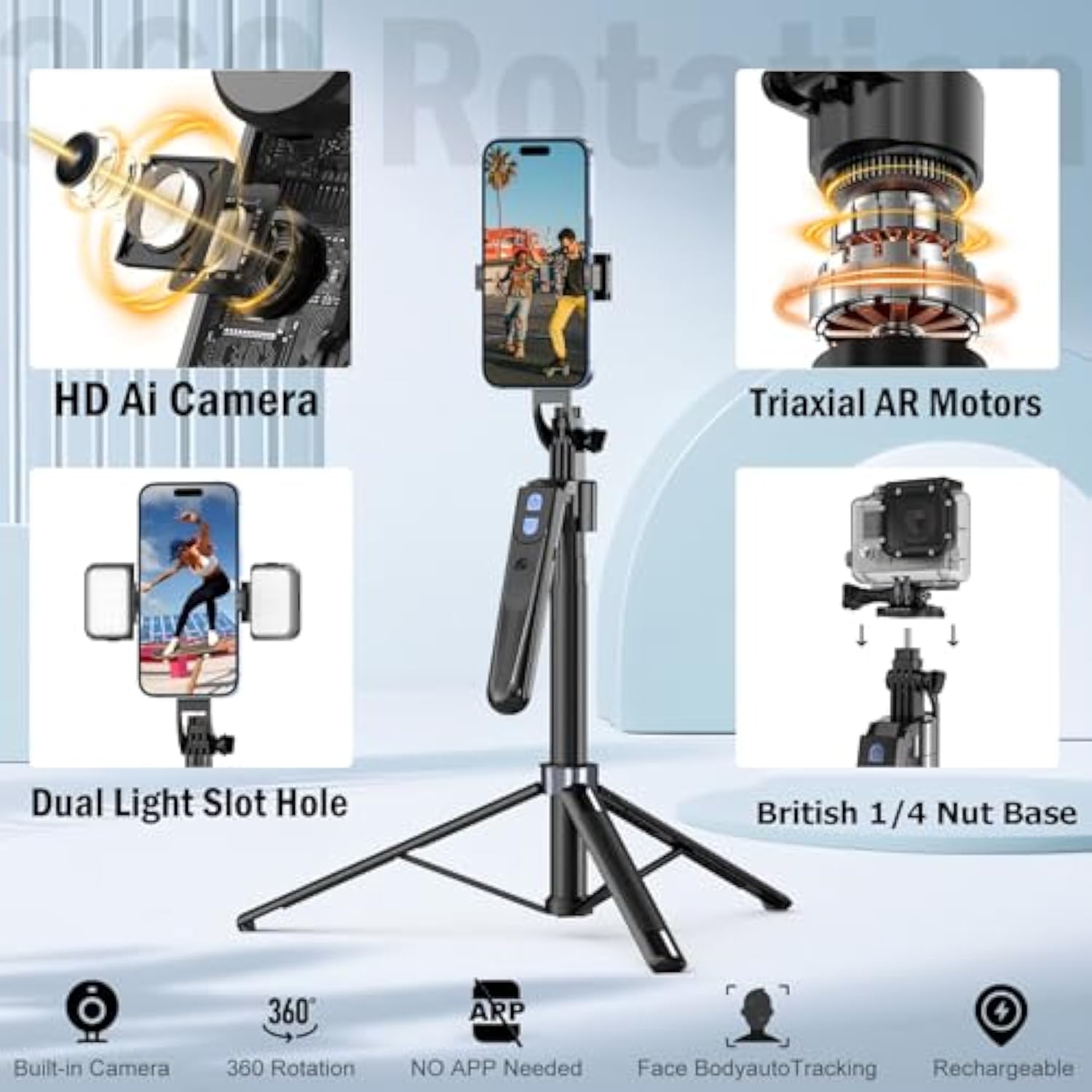 Auto Face Tracking Tripod 360 Rotation With Stand,Android And Iphone Tripod Holder With Remote And Gesture Control, No App,Built-In Tracking Camera Selfie Stick For Live Vlog Streaming Video Tiktok