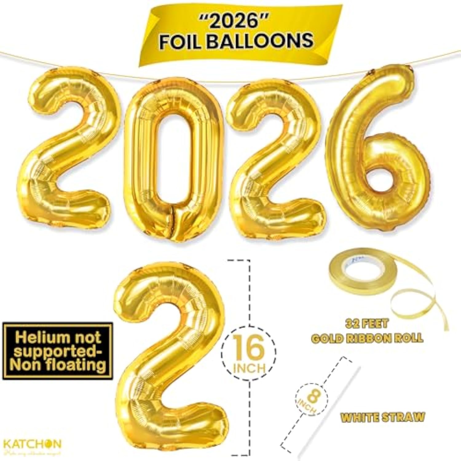 Gold 2026 Number Balloons 16Inch New Year Eve Party Decorations