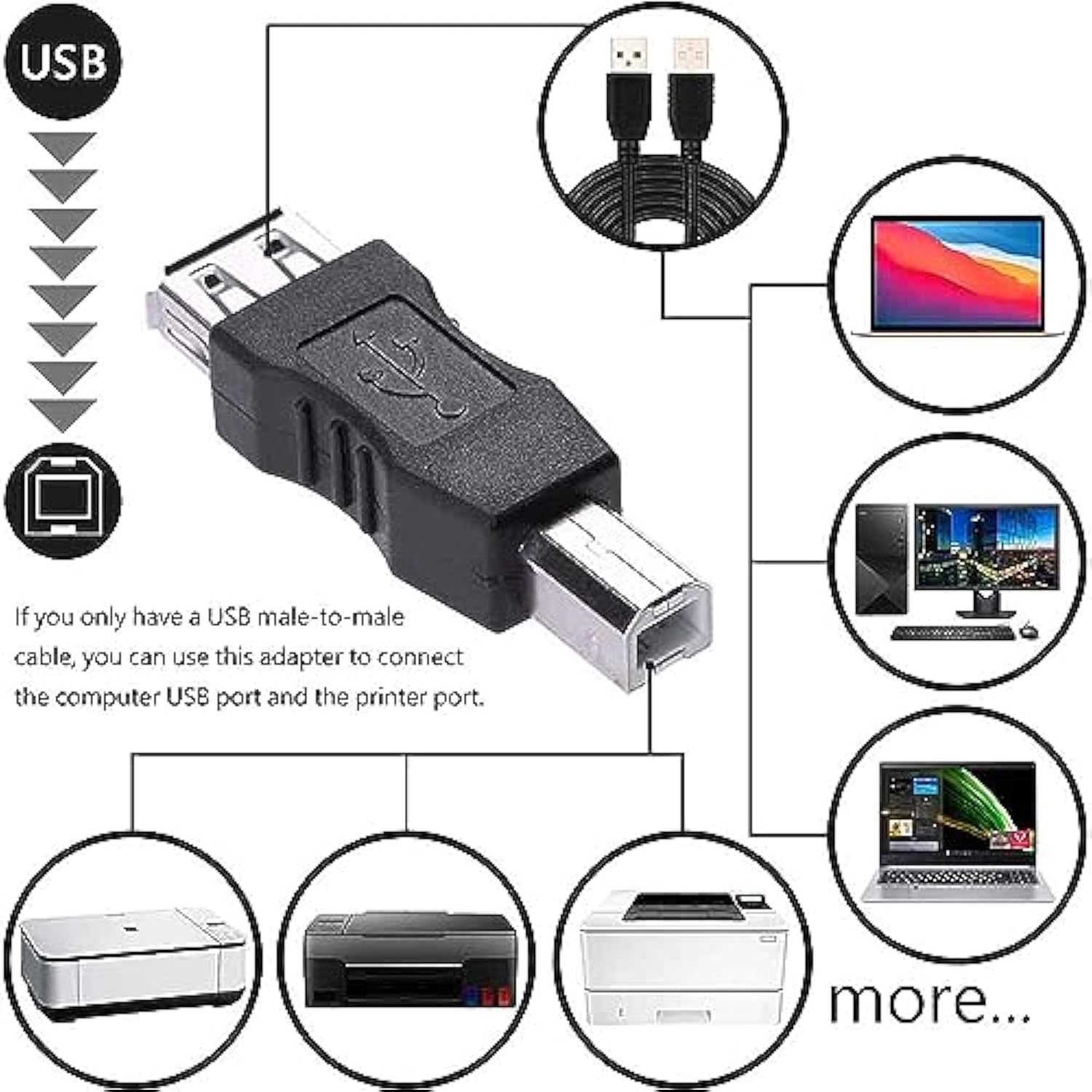 Usb A To B Adapter Usb 2.0 A Female To Usb B Male Printer Converter Connector