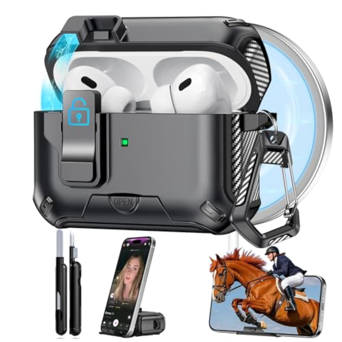 For Airpods Pro 2 Case With Phone Stand & Sefety Lock, Auto-Open Airpod Pro Case For Apple Airpods Pro 2Nd/1St Gen, Compatible With Magsafe, Shock Protective Airpod Case With Cleaner,Keychain