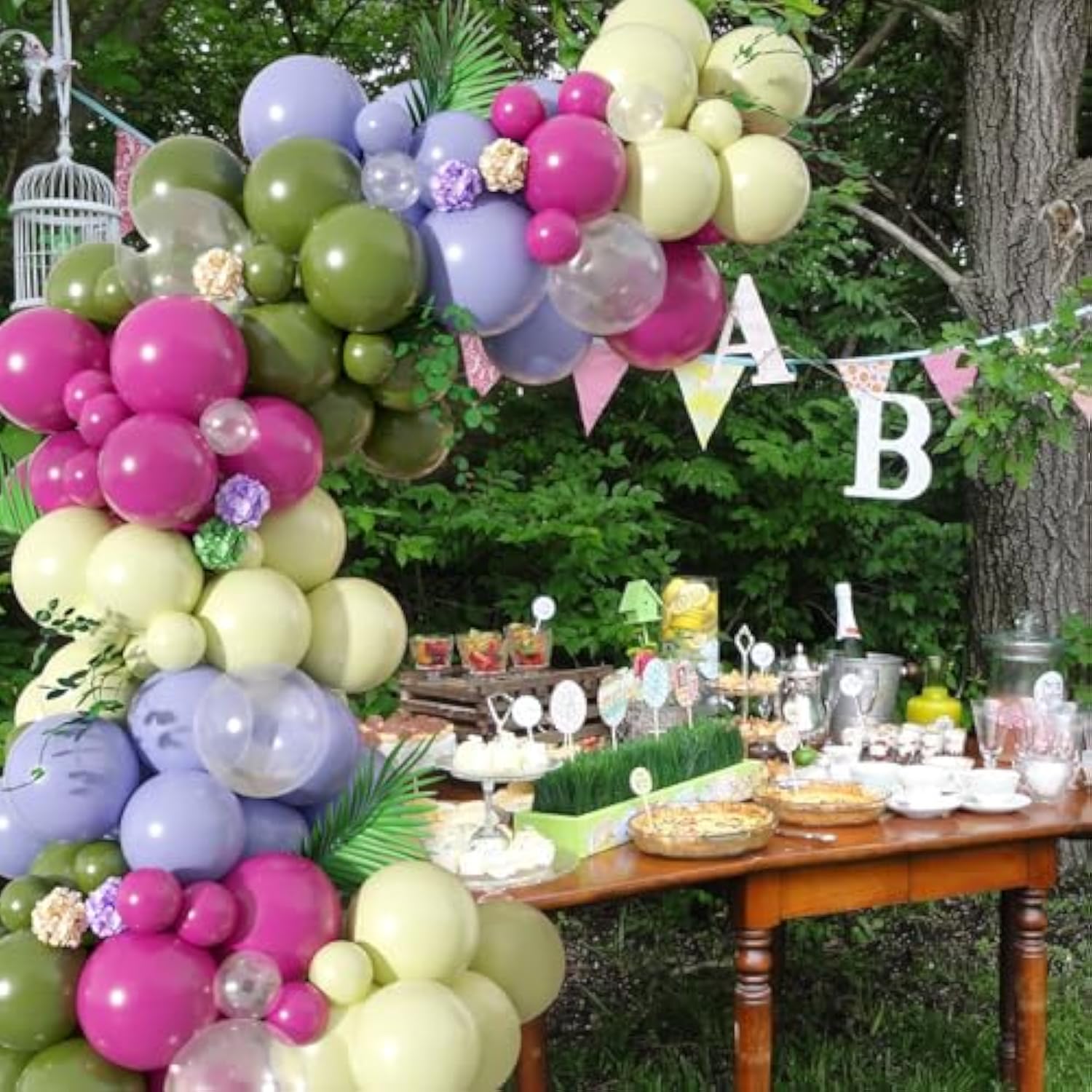 Green Pink Balloons Garland Arch Kit, 125Pcs Retro Peach Pink Green Balloons Arch, Macaron Purple Yellow Balloon For Flower Theme Wedding Bridal Shower Birthday Baby Shower Party Decoration