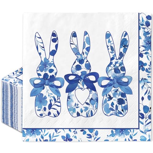 50 Pcs Easter Paper Napkin Blue Chinoiserie Bunny Disposable Luncheon Napkins Rabbit Decorative Dinner Napkin for Holiday Birthday Baby ShowerParty Tableware Supplies