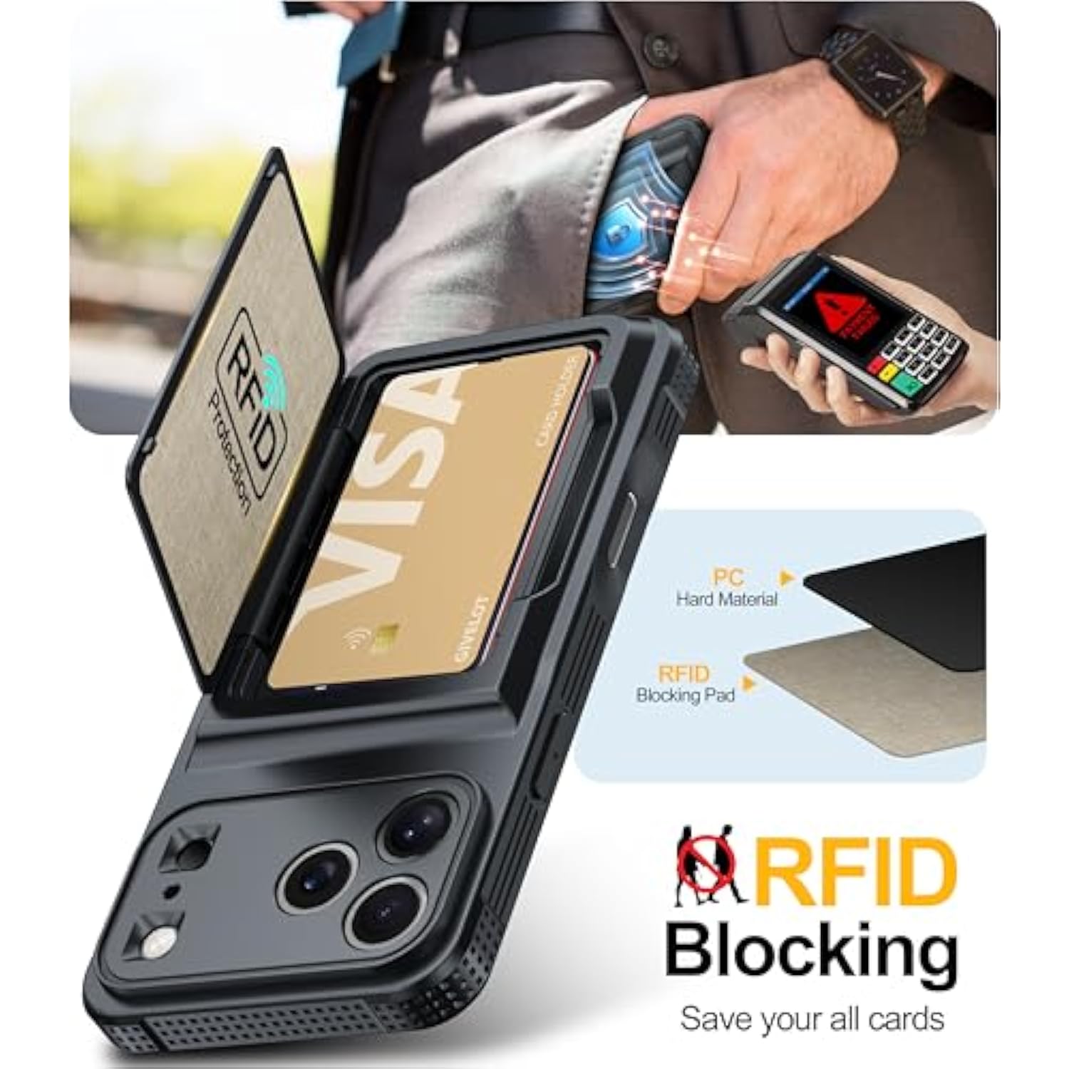 For Iphone 17 Pro Max Case With Card Holder?4-5 Cards?[Rfid Blocking][9H Screen Protector ][Full Camera Protection][Hidden Kickstand]Rugged Heavy Duty Wallet Case For Iphone 17 Pro Max (Black)