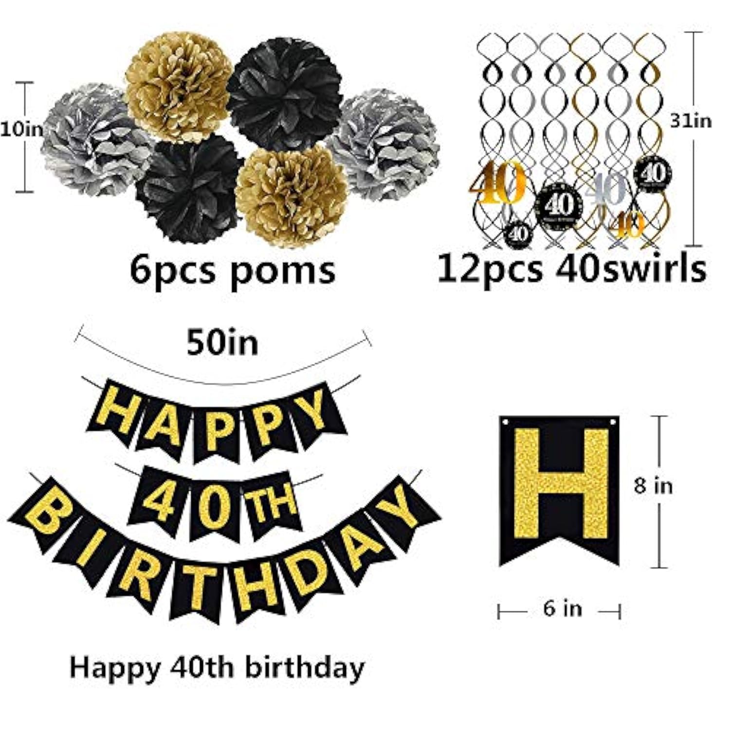 Black & Gold 40th Birthday Decoration Set – Glitter Banner, Poms and Hanging Swirls Party Kit