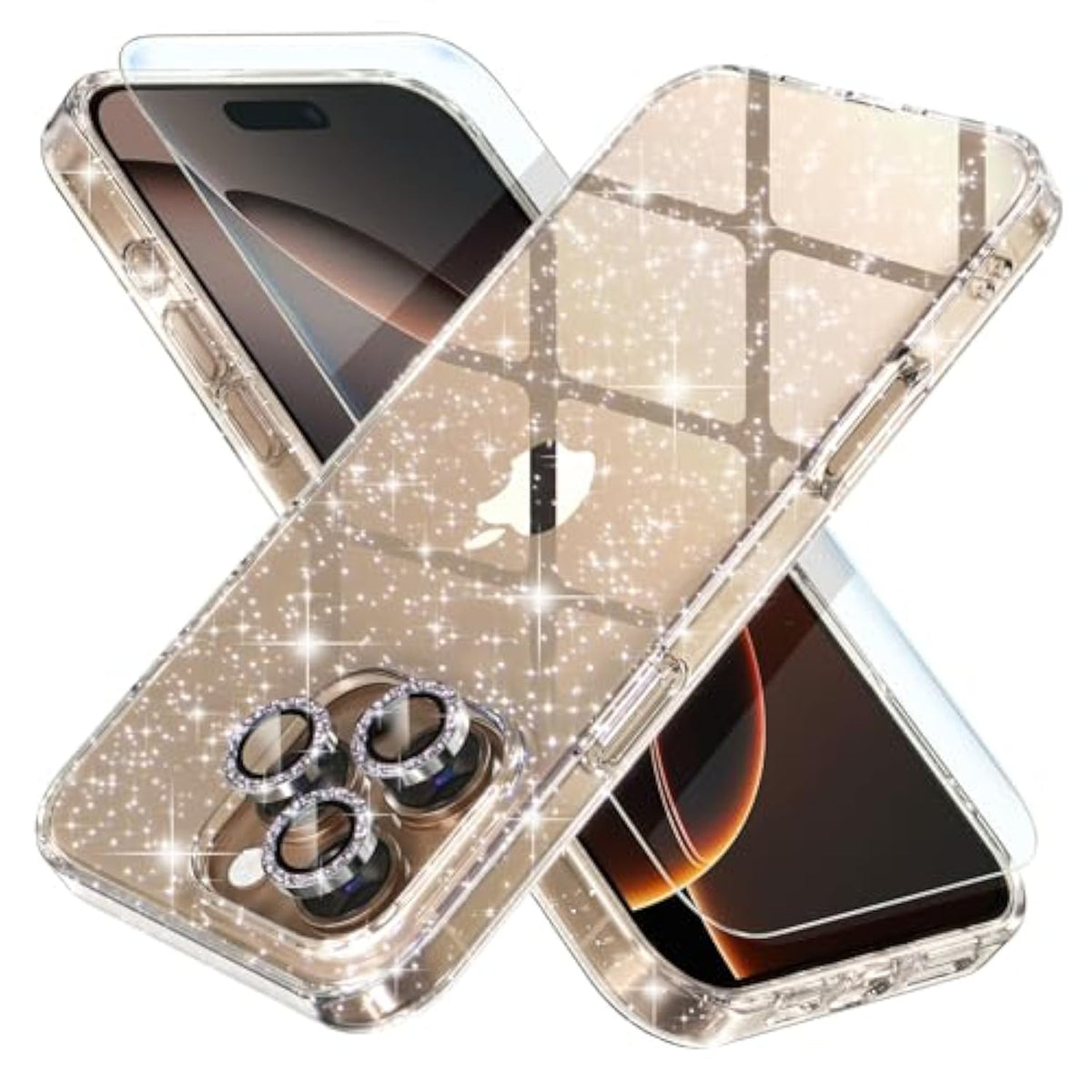 iPhone 16 Pro Case, Cute Clear Glitter, 3 Diamond Lens Protectors, 2 Screen Protectors