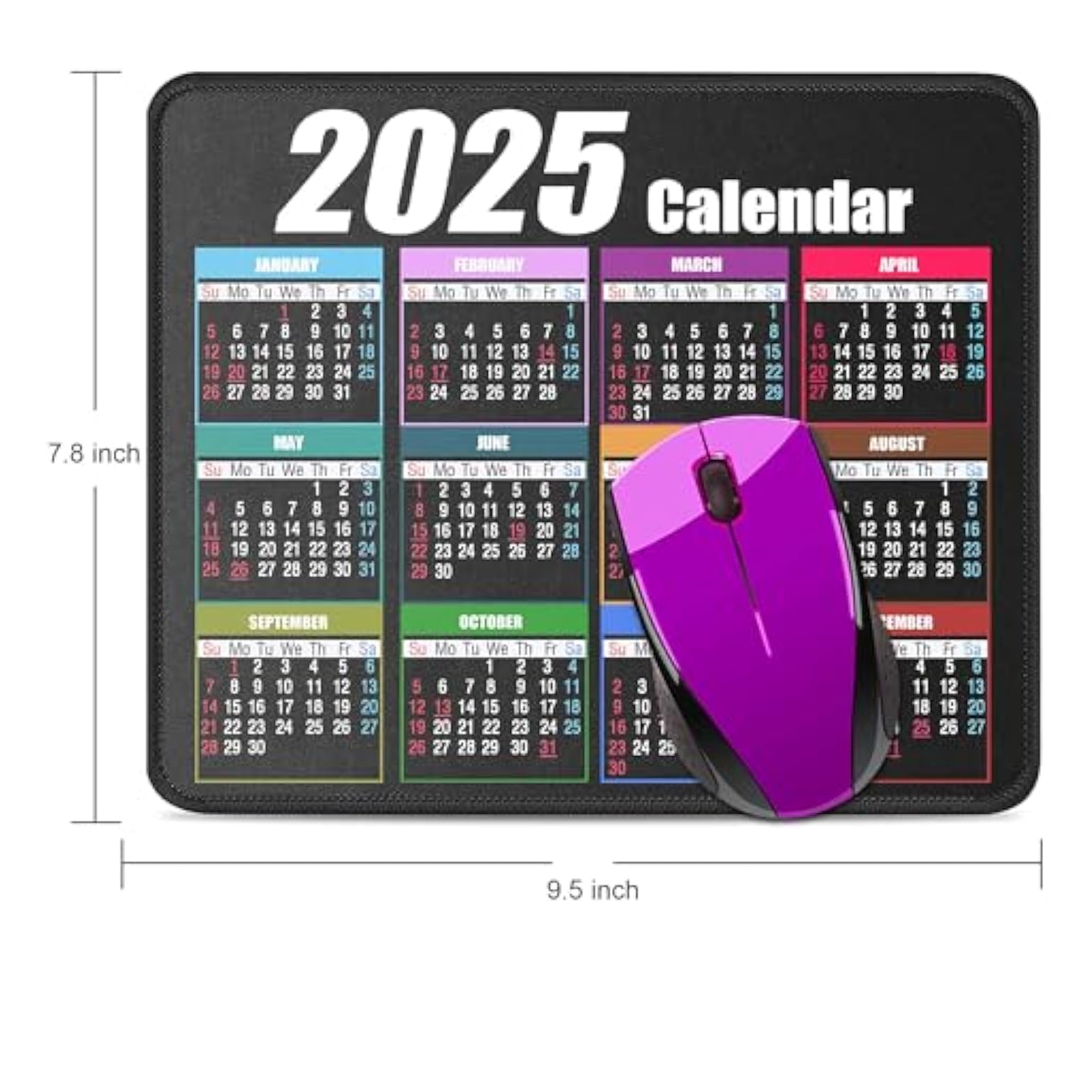 Calendar Mouse Pad With Non-Slip Rubber Base, Premium-Textured & Waterproof Mousepads With Stitched Edges, Mouse Pads For Computers, Laptop, Pc, Office & Home (2025 Black)