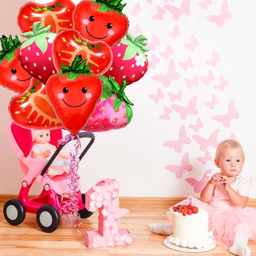 16Pcs Gaint Strawberry Balloons, Cute Fruit Strawberry Foil Balloons for Fruit Themed Birthday Summer Wedding Baby Shower Party Decorations