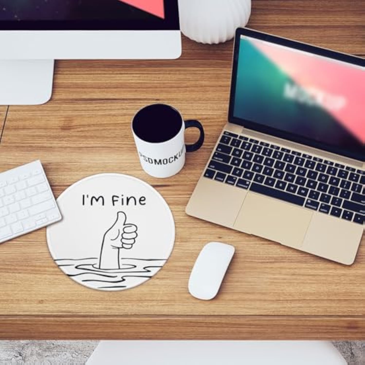 Funny Office Decor Round Mouse Pad? I'M Fine Mouse Pad?8.7 Inch Stitched Edge Non-Slip Rubber Base?Home Office Decor Desk Accessories,For Coworker Friend Leader Boss Work Gifts