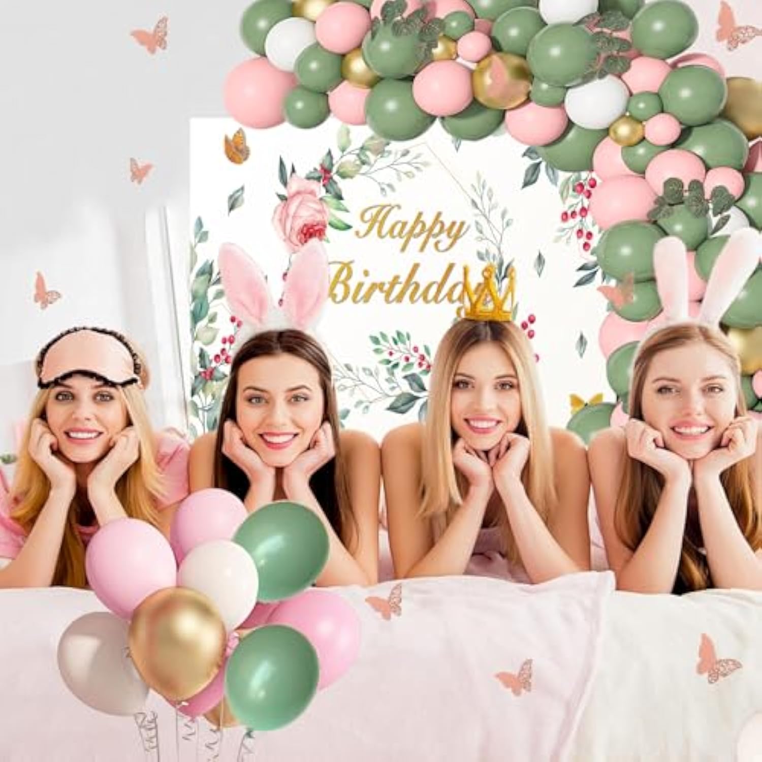 Sage Green Birthday Decorations Women Birthday Party Supplies Including Floral Backdrop, Sage Green Pink Balloons Garland Arch Kit, Tablecloth, Cupcake Toppers For Girls