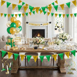 64Ft Sage Green Gold Triangle Pennant Banner Flag Metallic Paper Bunting Garland For Hanging Backdrop Birthday Party Decorations Graduation Bachelorette Bridal Wedding New Year Shower Party Supplies