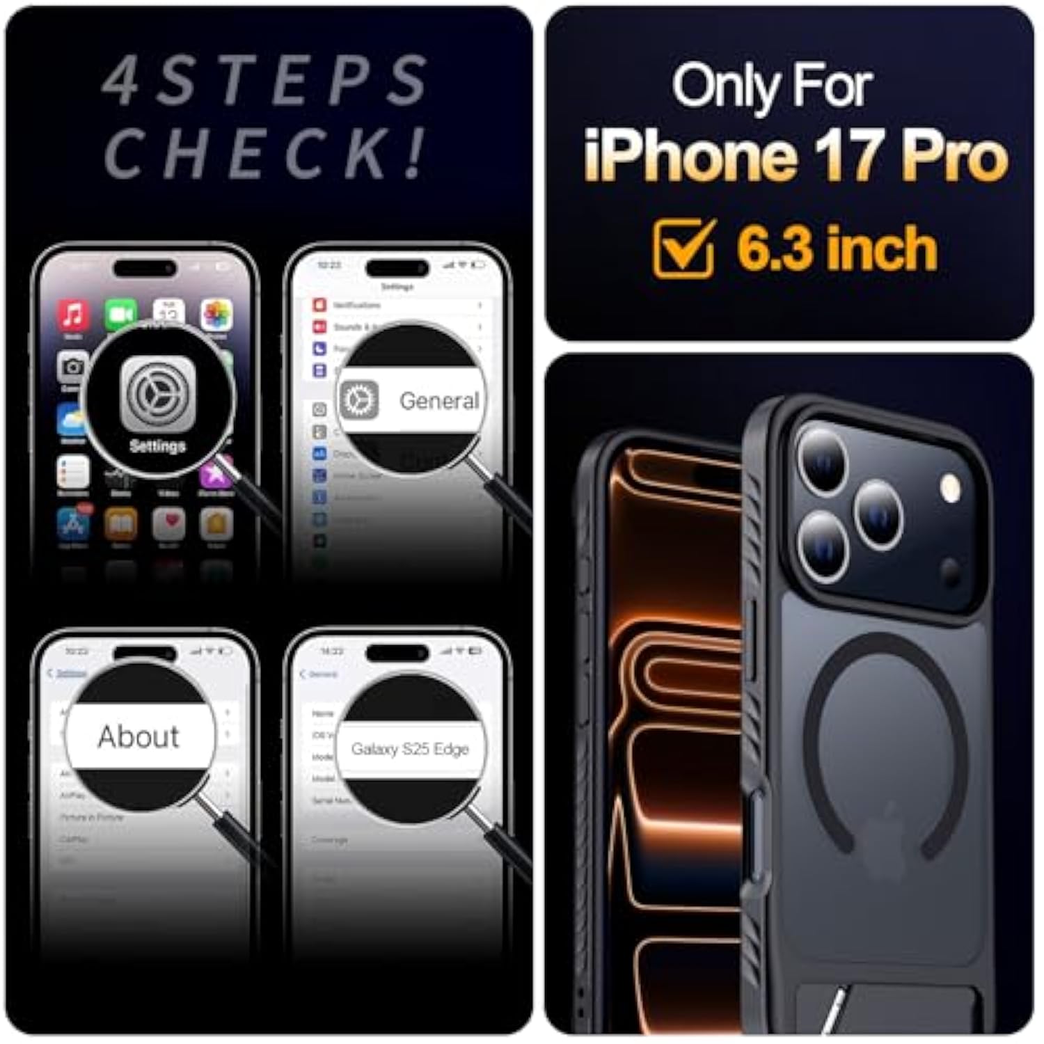 For Iphone 17 Pro Case With Kickstand,[Compatible With Magsafe] [12Ft Military Grade Protection] Slim Translucent Matte Shockproof Phone Case,6.3",Black