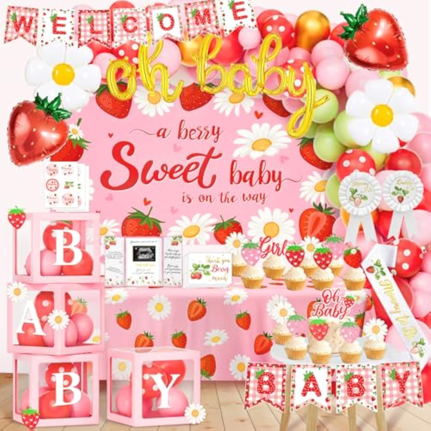 Strawberry Baby Shower Decorations, Balloon Arch Backdrop Banner Tablecloth Cake & Cupcake Toppers Boxes Mom To Be Sash Kit For Girl Berry Sweet Baby Shower Decorations