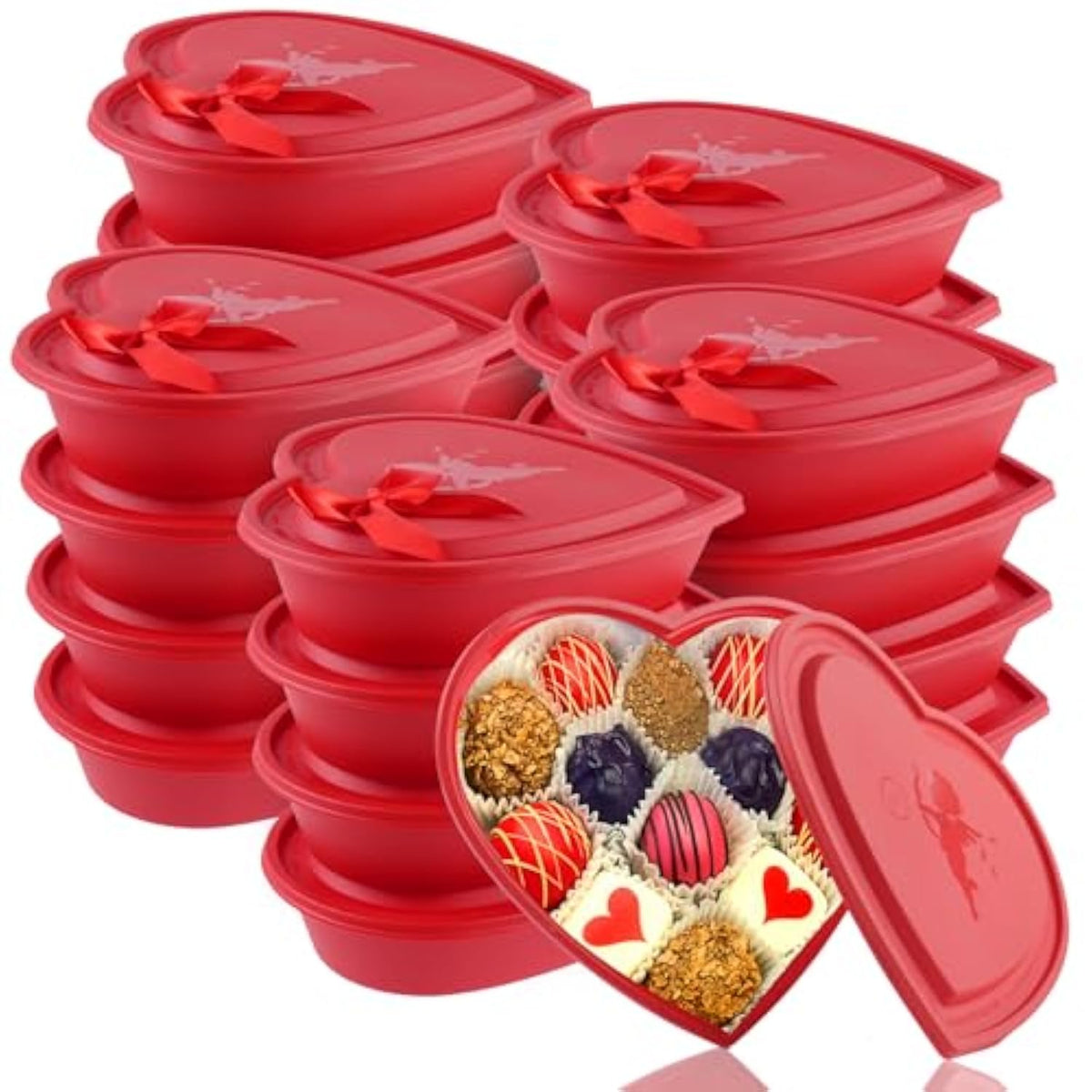 20 Pcs Valentine'S Day Birthday Wedding Party Heart Shape Containers With Red Bows,22Oz/650Ml Heart Shaped Box With Lid,Food Storage Containers For Valentine'S Day