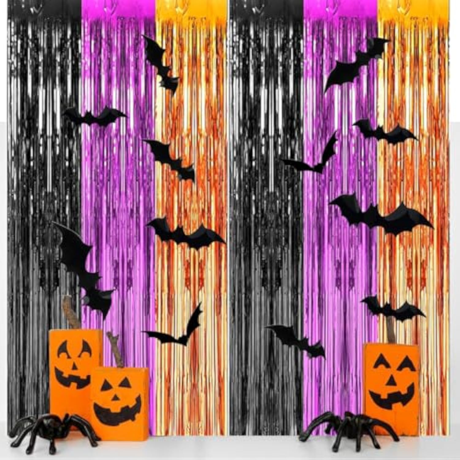 2 Pack Orange Black Purple Foil Fringe Curtains 3.3x6.6ft Backdrop with Bat Stickers