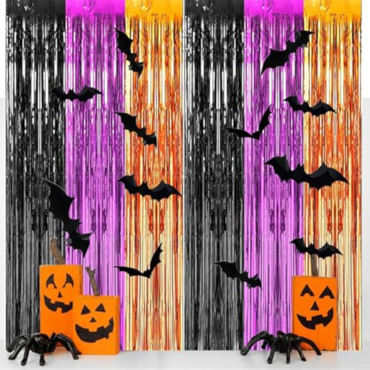2 Pack Orange Black Purple Foil Fringe Curtains 3.3x6.6ft Backdrop with Bat Stickers