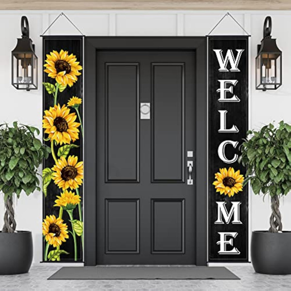 Sunflower Welcome Hanging Banners Spring Porch Banners Flags Summer Door Hanging Decorations For Front Door Garden Home Yard Sunflower Party Decorations(Black Background)