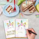 Caticorn Birthday Invitations For Kids, Kitty Unicorn Birthday Party Invitation Cards, Rainbow Cat Floral Party Celebration Supplies Decoration -20 Fill In Invitations With Envelopes (B03)