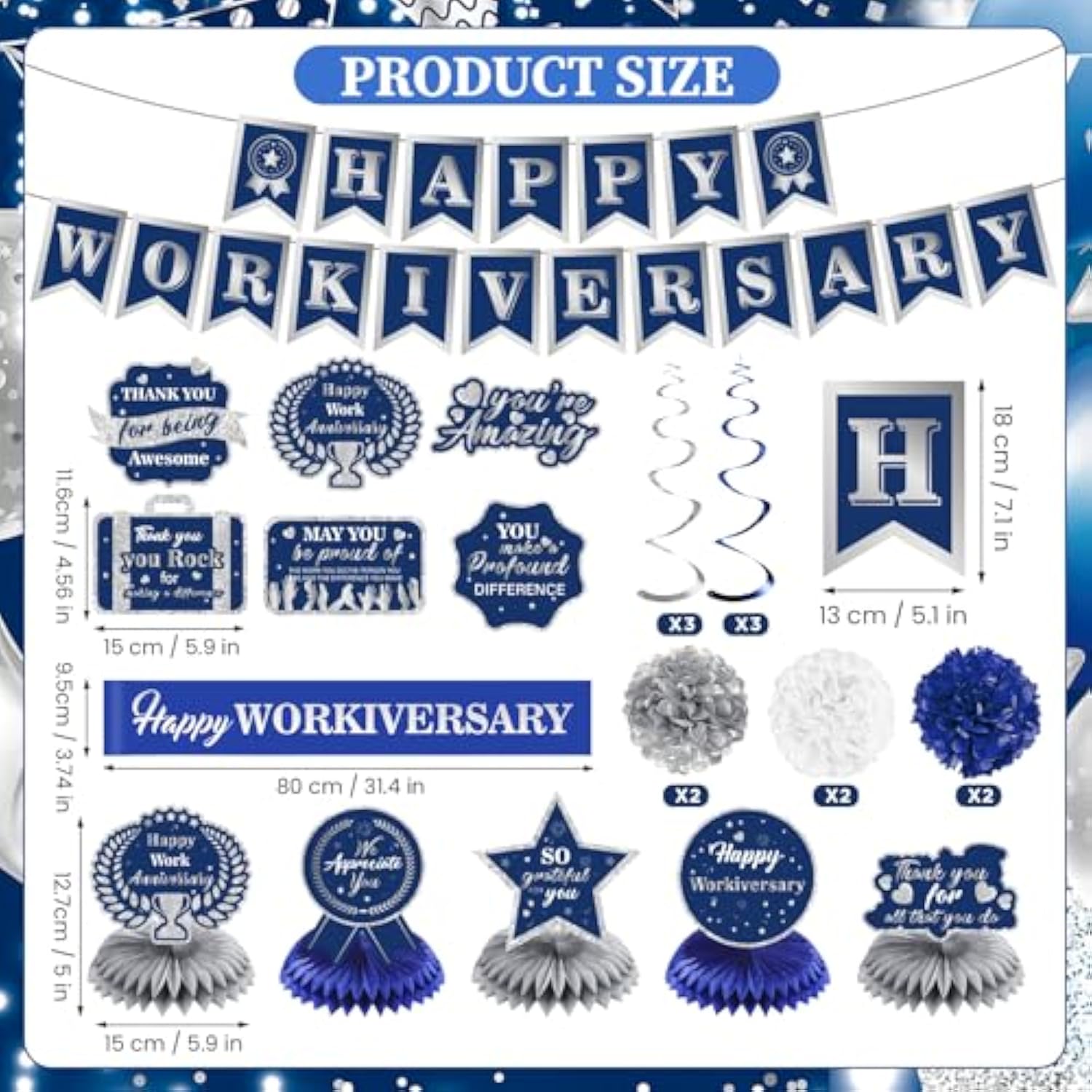 Happy Work Anniversary Decorations Blue Silver Happy Workiversary Banner Honeycomb Centerpieces Hanging Swirls Tissue Paper Pompoms Sash For Office Employee Worker Anniversary Appreciation Supplies