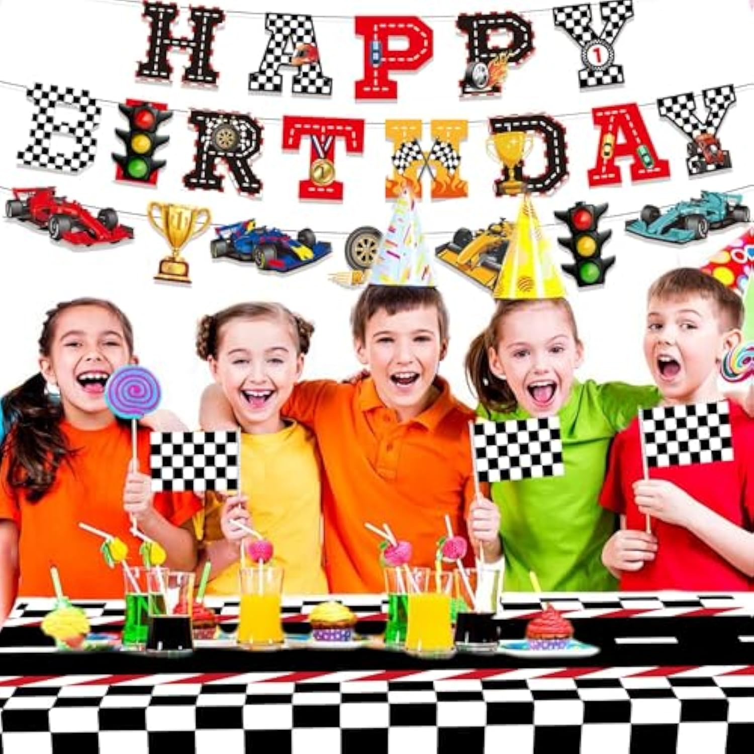 Race Car Party Decor Kit - Happy Birthday Banner, Tablecloths For Race Car Birthday Or Baby Shower - 54 X 108 Inch
