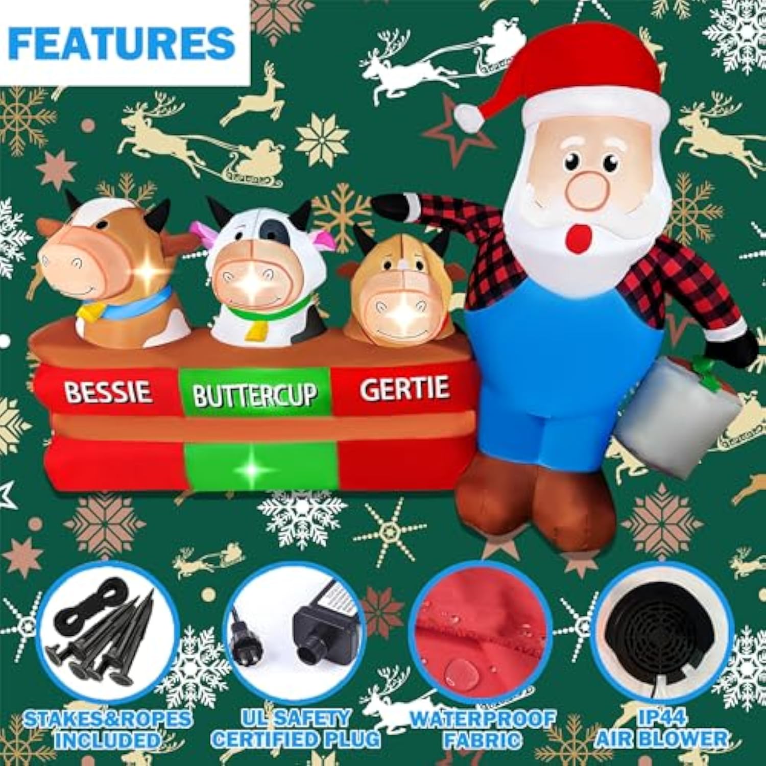 Christmas Inflatables 7Ft Long Santa Claus With Cows Farm Decoration, Led Lighted Xmas Blow Up Cow For Party Indoor Outd