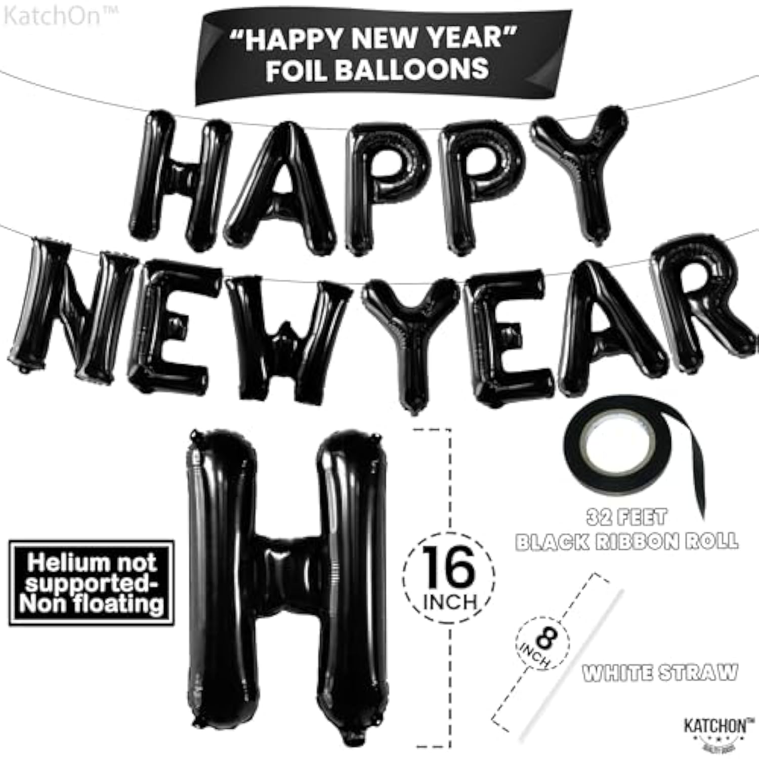 Black Happy New Year 2026 Balloons 16 Inch NYE Party Supplies