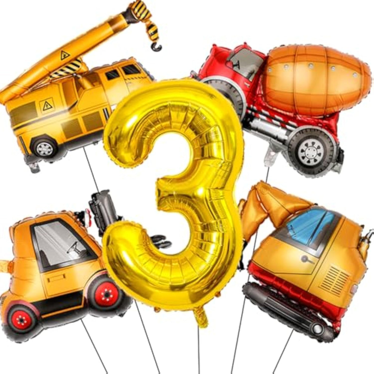 Construction Birthday Party Set 40" Gold Number 3 & Truck Foil Balloons