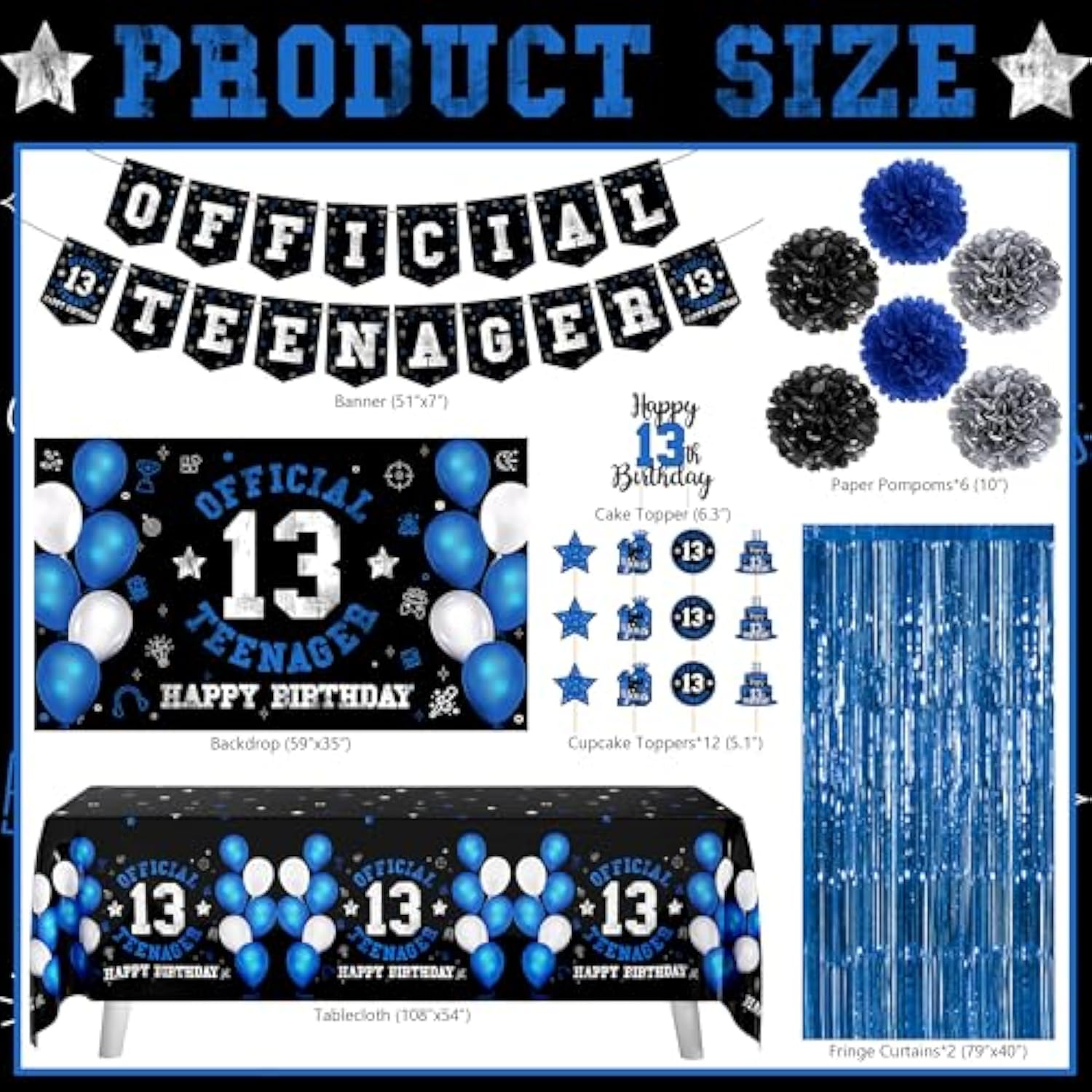 13Th Birthday Decorations For Boys, Official Teenager Happy 13Th Birthday Decor With Banner Backdrop Tablecloth & Number 13 Balloon Arch Kit For 13 Year Old Birthday Party Supplies(Black Blue)
