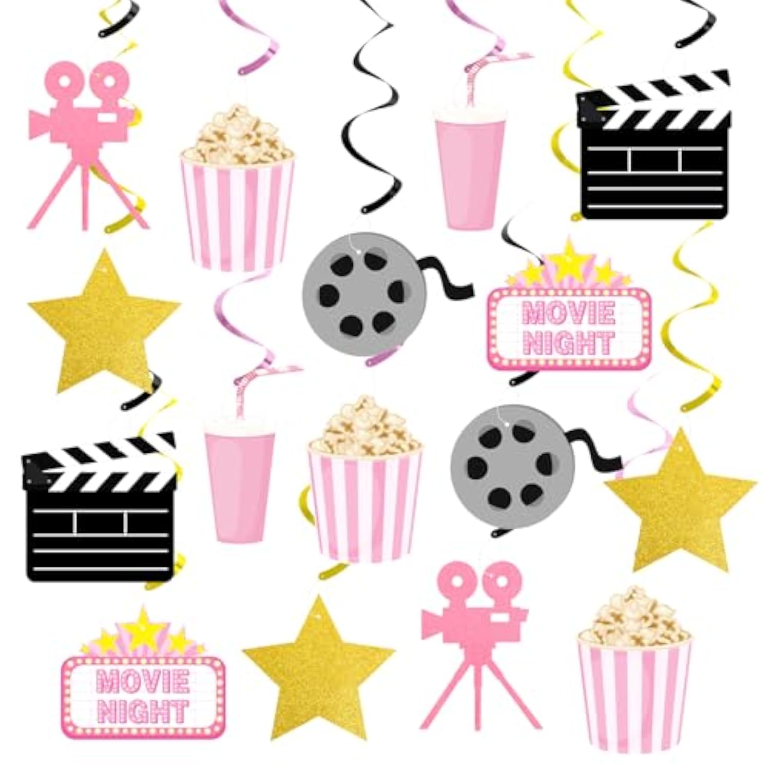 Movie Night Party Decorations,Pink Movie Theme Hanging Swirl Decorations,Cute Popcorn Foil Swirls Ceiling For Baby Shower Birthday Party Film Party Supplies Family Party Girls Boys