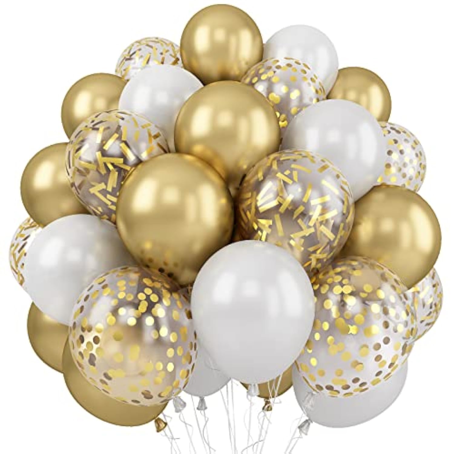 White & Gold Balloon Set (60pcs): Metallic, Pearl, Confetti - Party Decorations