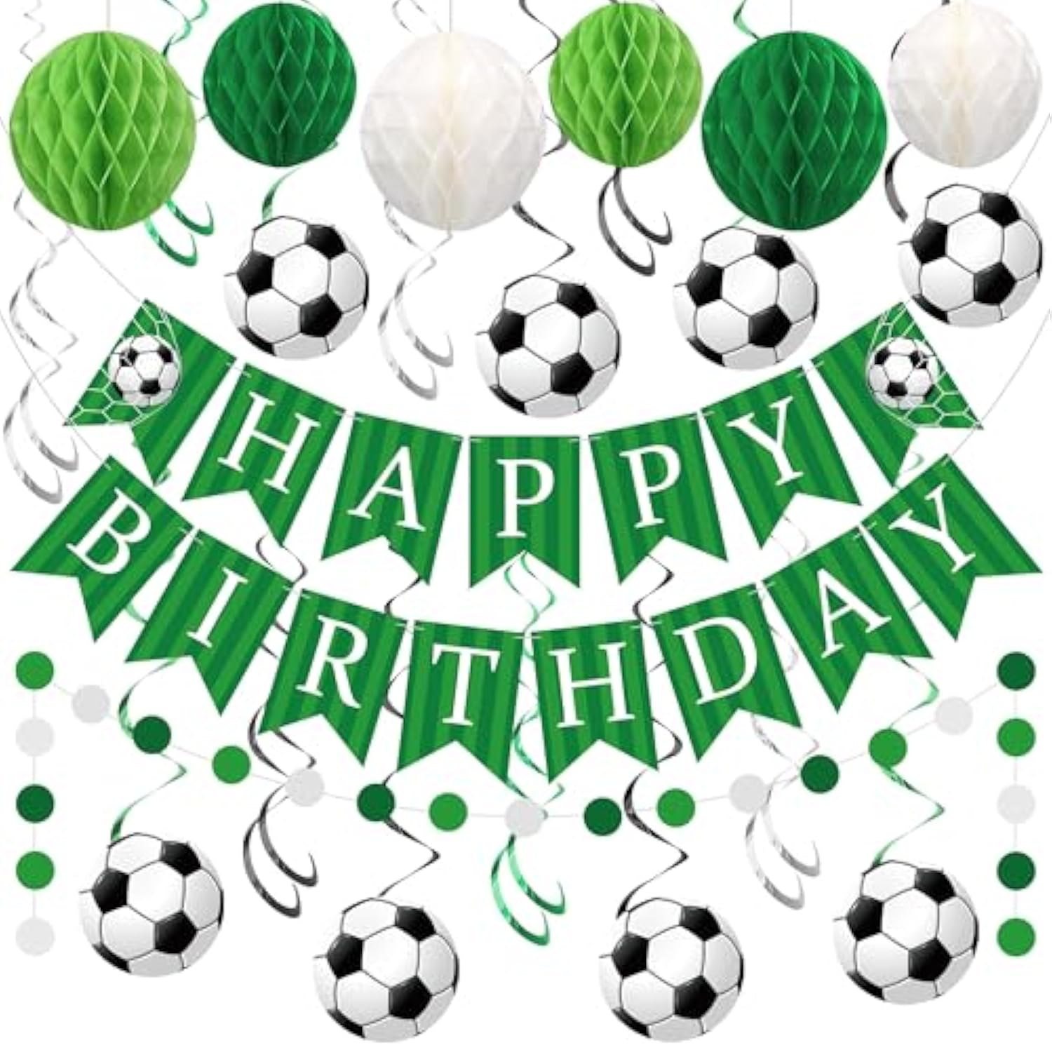 Soccer Party Decoration Soccer Theme Decor Pre-Strung Soccers Happy Birthday Banner Hanging Swirls Honeycomb Balls Circle Dots Garland For Boys Soccers Sports Theme Birthday Decorations