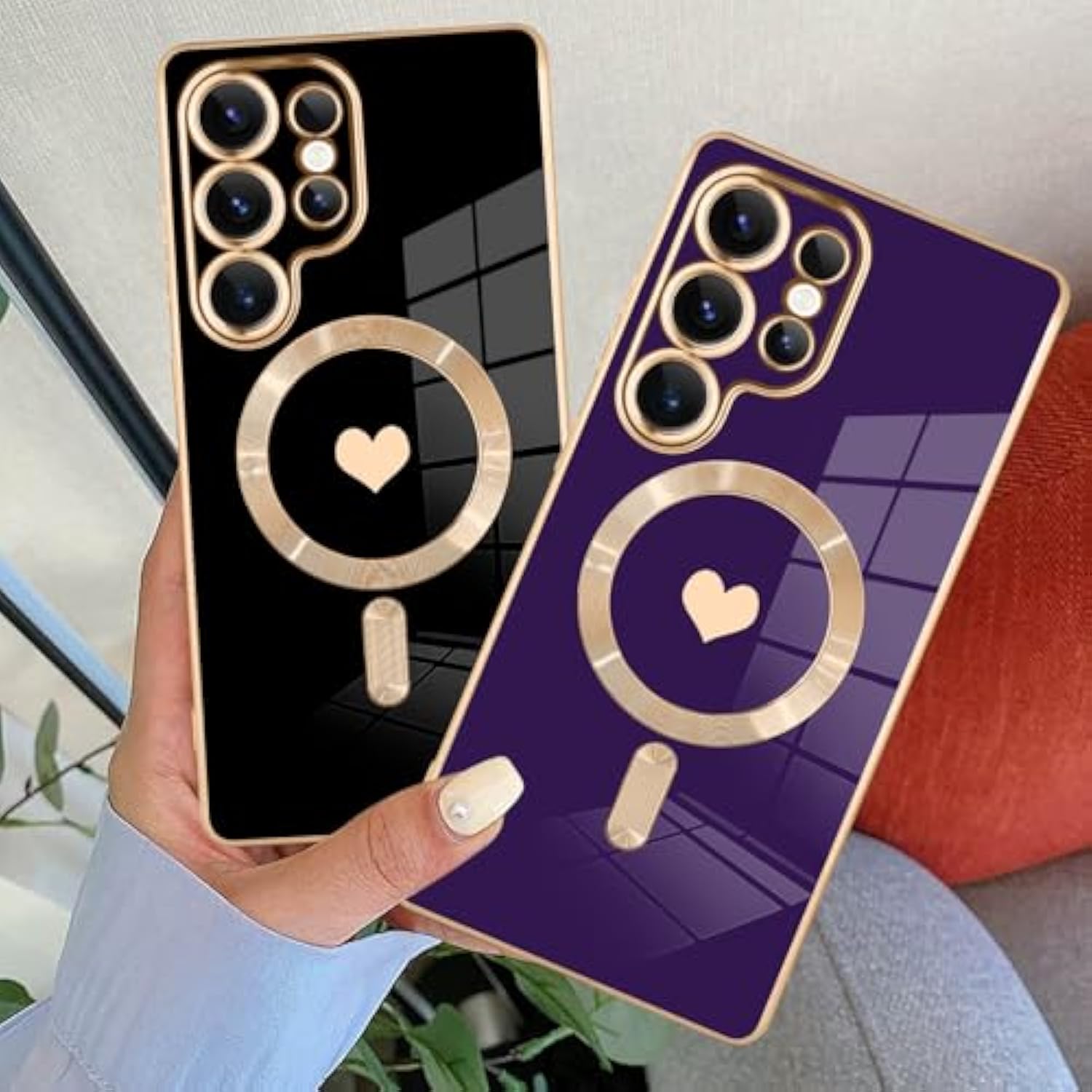 Magnetic For Samsung Galaxy S25 Ultra Case [Compatible With Magsafe] Cute Love Luxury Plating Edge Bumper With Full Camera Lens For Galaxy S25 Ultra Phone Case, Purple(6.9")