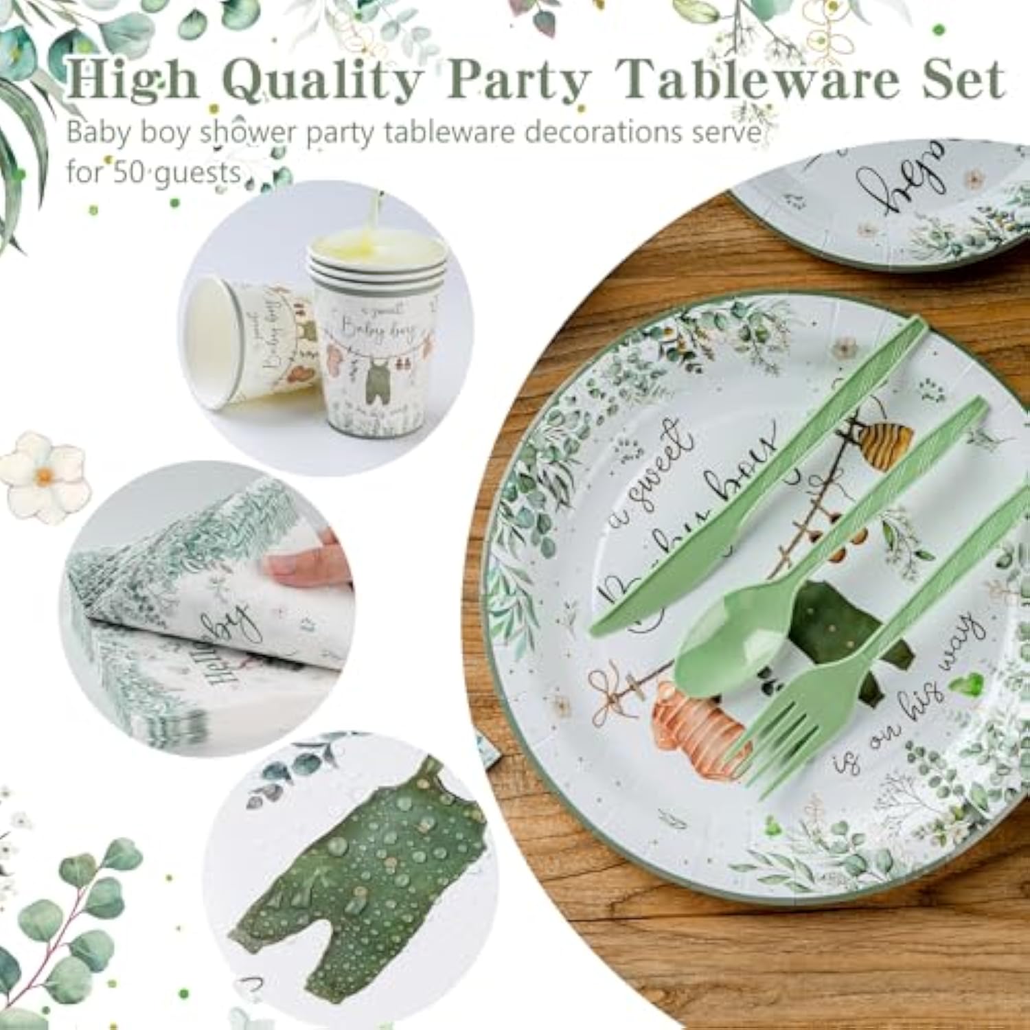 350Pcs Greenery Baby Shower Decorations For 50 Guests Include Disposable Paper Plates, Napkins, Cups And Plastic Cutlery For Boy