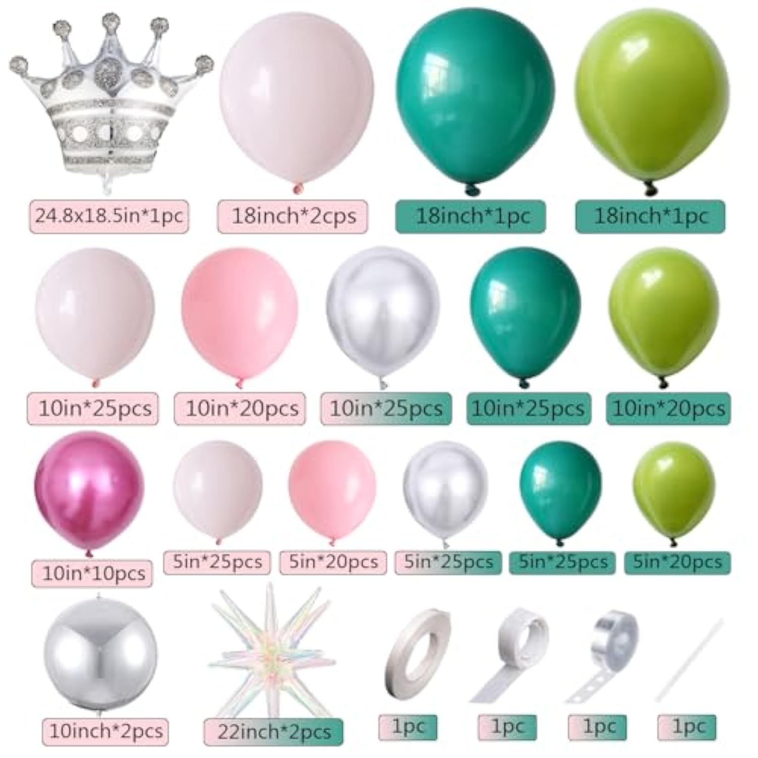 253pcs Pink & Green Balloon Garland Kit with Stars and  Crown for Birthday Party Decor