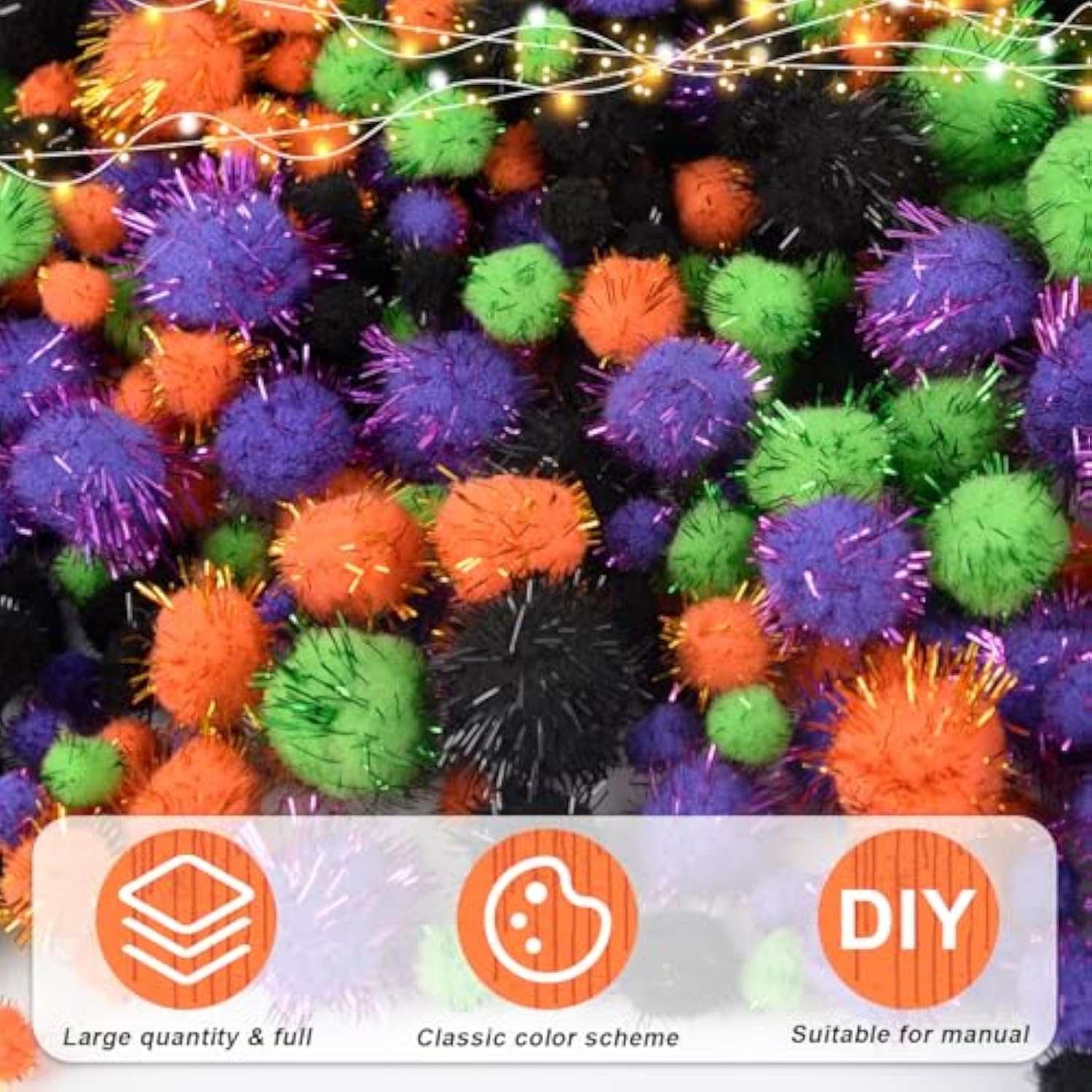 1200 Pieces Halloween Glitter Pom Poms in 4 Sizes for DIY Crafts & Party Decorations