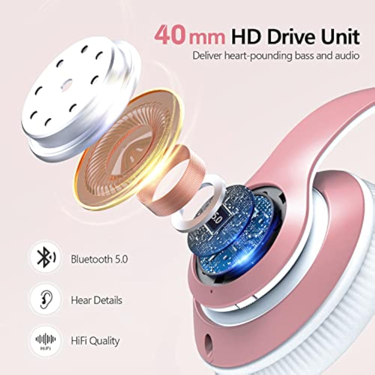 9S Over Ear Bluetooth Headphones, 60 Hours Playtime, Hifi Stereo, Deep Bass, Microphone, Foldable, Rose Gold