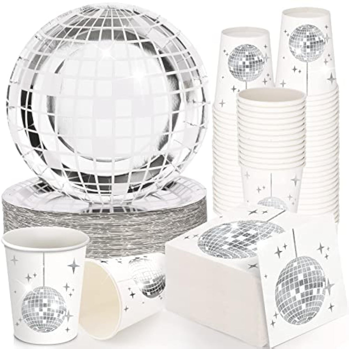 150 Pcs 70S Disco Party Supplies Silver Disco Ball Paper Dinner Plates, Paper Cups, Cocktail Napkins For Wedding Picnic Travel(White And Silver)