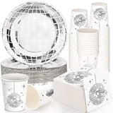 150 Pcs 70S Disco Party Supplies Silver Disco Ball Paper Dinner Plates, Paper Cups, Cocktail Napkins For Wedding Picnic Travel(White And Silver)