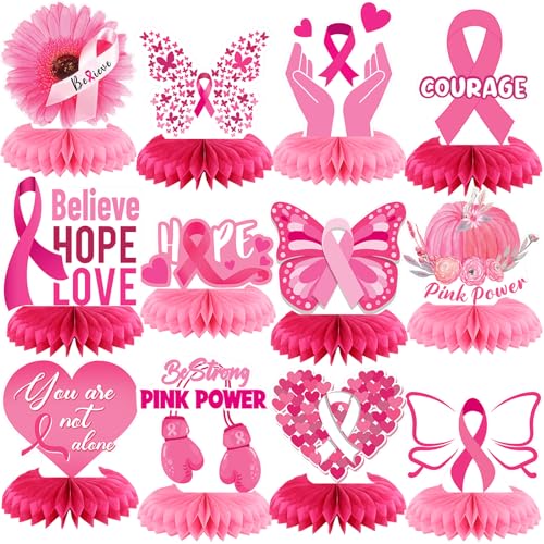 12 Pcs Breast Cancer Awareness Party Decorations Honeycomb Centerpieces Pink Ribbon Butterfly Daisy Heart Table Topper Believe Hope Love Table Decoration for Breast Party Favor Supplies