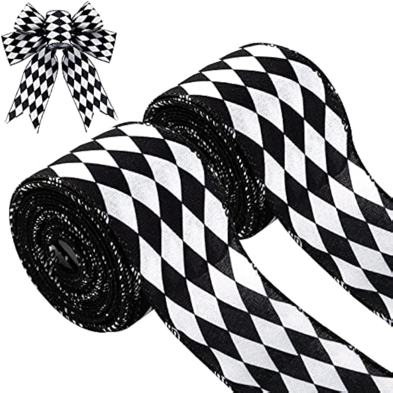 2 Rolls 2.6 Inch X 10 Yards Christmas Checkered Ribbon Black And White