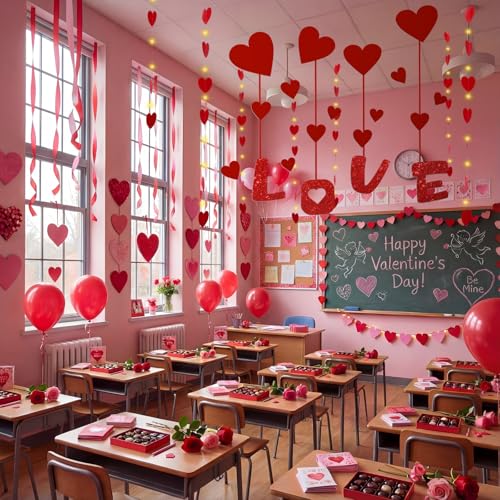 176 Pcs Valentines Day Decoration for Classroom Office Red Heart Balloon Artificial Rose Petal Heart LED Tea Light Candle Banner Love Cardboard Light String Clip for Party School Wall Ceiling