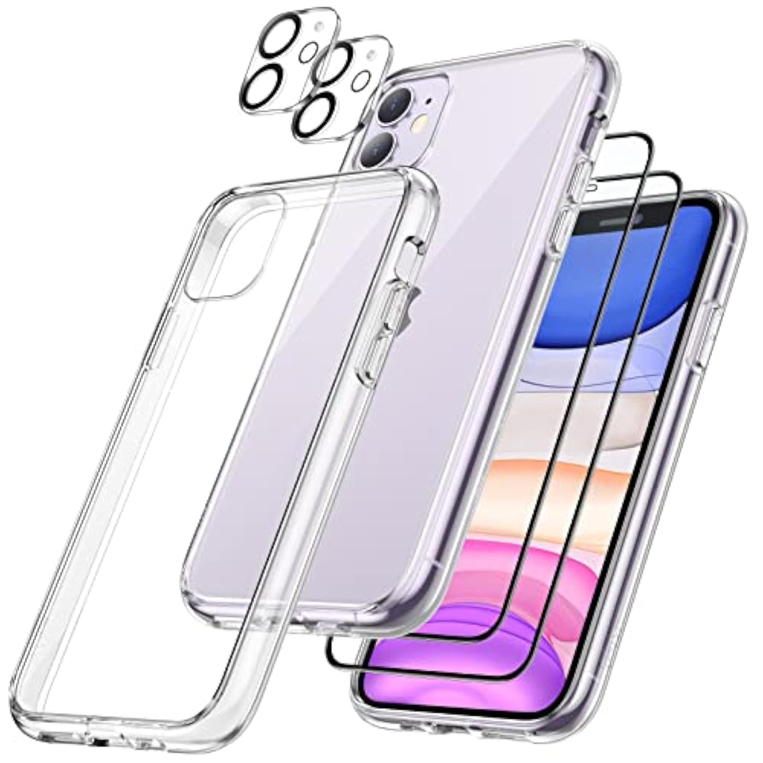 Jetech 5 In 1 Case For 11 6.1-Inch, With 2-Pack Screen Protector And 2-Pack Camera Lens Protector, Non-Yellowing Shockproof Bumper Phone Cover, Full Coverage Tempered Glass Film (Clear)