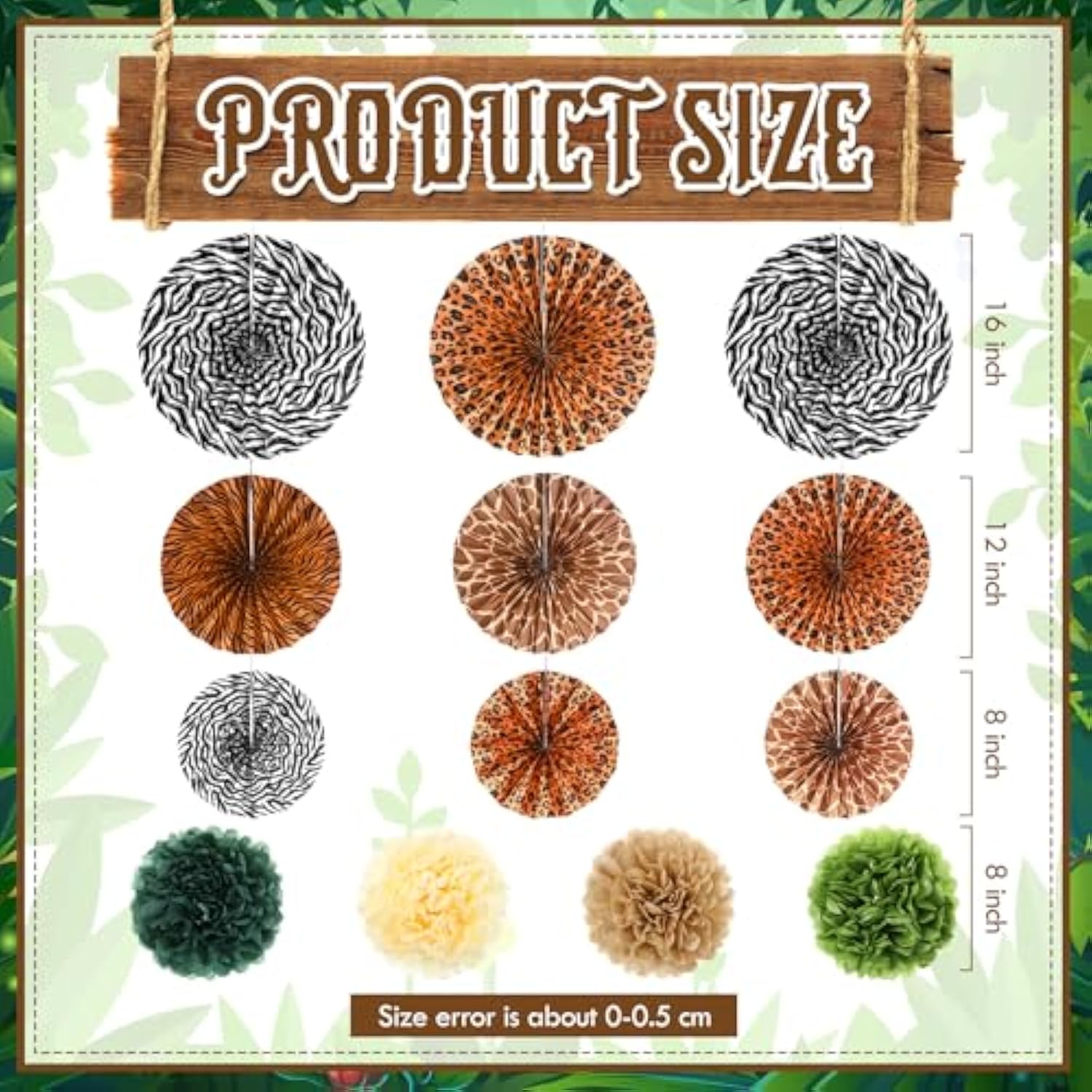 21 Pcs Jungle Safari Party Decorations Safari Theme Hanging Decoration Animal Print Hanging Paper Fans Green Tissue Paper Pom Poms Jungle Supplies For Wild Birthday Baby Shower Party Supplies