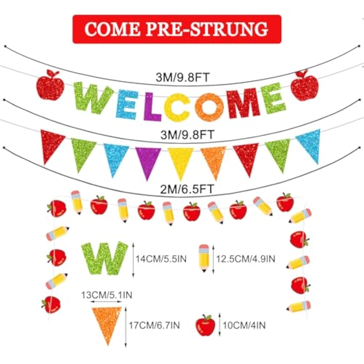 Glitter Welcome Banner And Pennant Banner Colorful Glittery First Day Of School Garland Welcome Back To School Party Fireplace Mantle Decorations Home Classroom Office Photo Booth Props